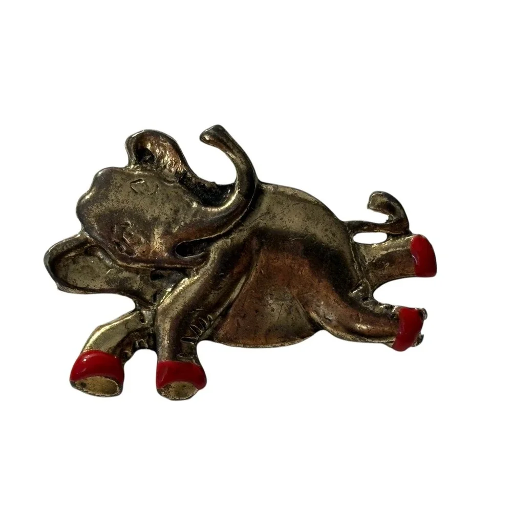 VTG Lazy Elephant Brooch Pin Gold Tone Red Enamel Shoes Figural Unique MCM Funny